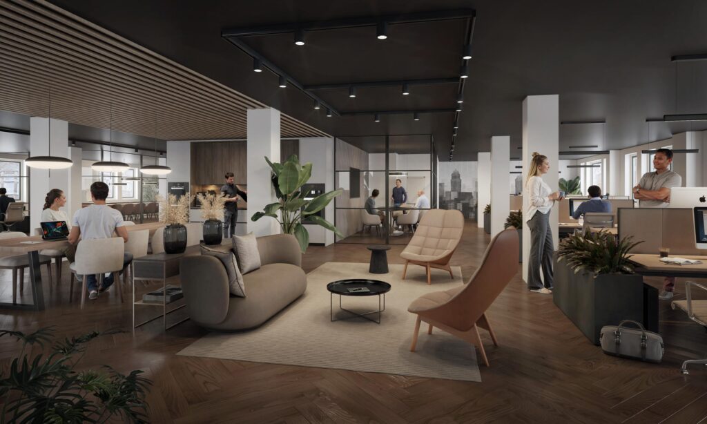 Modern open-plan office interior on Nieuwe Looiersstraat with people working, meeting, and relaxing in stylish, well-lit spaces.